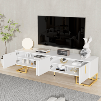TV-Schrank Weiß Gold Metallbeine Modern mit Türen Stauraum Sideboard Lowboard Wohnzimmermöbel 170 cm Design Fernsehtisch