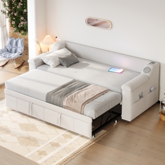 Merax Polsterbett, Doppelbett, Schlafsofa, 90/180*190 cm, Mit Smart Bluetooth-Stereoanlage, USB-Ladeanschluss, Ablagefächern, Samtstoff, Beige