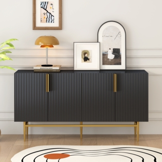 Sideboard mit 4 Türen in Schwarz, goldene Griffe, höhenverstellbare Regale, 152,5 x 40,5 x 80 cm