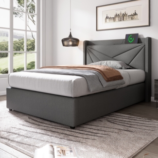 Polsterbett 90x200 cm mit Stauraum,Kopfteil mit USB & Typ-C Ladefunktion,Grau