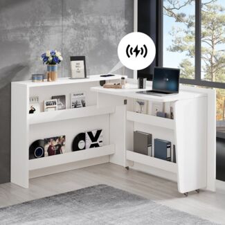 Flieks Schreibtisch 2-in-1 Sideboard & Arbeitsplatz mit Rollen und Wireless Charger (1-St), drehbar Arbeitstisch faltbar Mehrzweckschrank Hochglanz Weiß