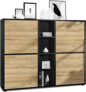 Vladon Highboard Cuba V3, Schwarz matt/Eiche Natur - Moderne Anrichte mit 12 Fächern (130,5 x 105,5 x 35,5 cm)