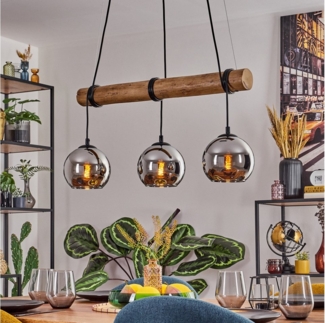 hofstein Pendelleuchte Hängelampe aus Metall/Holz/Glas in Schwarz/Natur-/Chrom-/Rauchfarben, ohne Leuchtmittel, Hängeleuchte im Boho-Design mit Glasschirmen und Holzbalken, 3 x E27