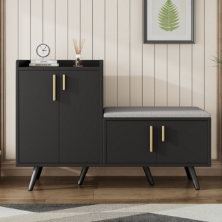 Ulife Schuhbank Schuhschrank mit Sitzbank und 4 Aufbewahrungstüren – Holzmaserung, asymmetrische Metallgriffe, verstellbare Böden (120 x 34 x 82 cm)