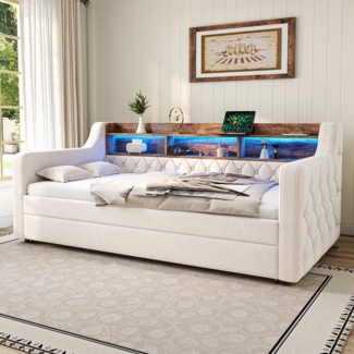 MODFU Schlafsofa Samt-Polsterbett mit integriertem Ausziehbett, mit LED-Beleuchtung und USB-C-Anschluss, Funktionsbett 90x190/90x190 cm, ohne Matratze