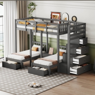 HAUSS SPOLE Etagenbett 90x200 cm mit Schubladen und Sicherheitsleiter, Nachttisch, Grau (mit Stauraumschubladen und Sicherheitsleiter, Sicherheitsgitterausführung, mit Nachttisch, 90X200 cm), ohne Matratze