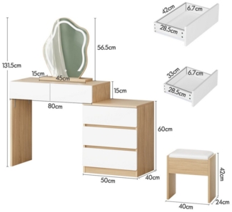ALFORDSON Schminktisch mit 2 geräumigen Schubladen und Aufbewahrungshocker (Frisiertisch Kosmetiktisch mit 10-stufiger Dimmbarer LED-Spiegel, 1-St), Wand- und freistehender Spiegel, für Damen- & Mädchenschlafzimmer