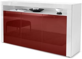 Vladon Sideboard Valencia, Kommode mit 3 Türen und 1 offenem Fach, Weiß matt/Bordeaux Hochglanz/Weiß Hochglanz (155 x 92 x 40 cm)