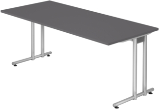 bümö Schreibtisch groß, N-Serie 180x80 cm, Tischplatte aus Holz in graphit, Gestell aus Metall in Silber - PC Tisch, großer Computertisch für's Büro, Office Bürotisch, NS-19-G-S
