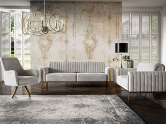Sofaset Designersofas VALERIE 3-2-1 in Stoff Stoff Elisa Velvet Hellgrau