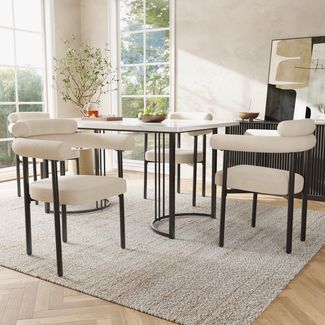 Esstischgruppe 140 x 80 x 75 cm mit Metallgestell & MDF-Platte in Beige/Weiß, inkl. 4 Samtstühlen