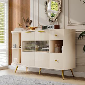 Merax Sideboard Kommode mit 360° drehbar Regal, mit 2 Glasstüren und 2 Schubladen, mit LED-Beleuchtung Konsolentisch Wohnzimmer, 130*40*80cm, Beige