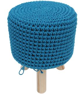 Sitzhocker Hellblau Holz Strickpolster Stoff Polster Hocker Sitzpouf Holzfuß