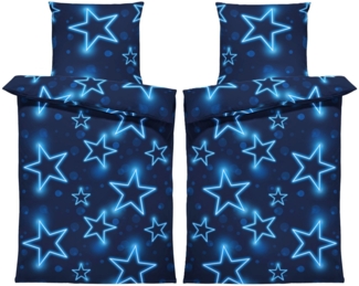 One Home Bettwäsche Sterne, Biber, 4 teilig, leuchtoptik, kuschelig flauschig warm weich Baumwolle Winter