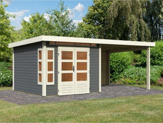 Gartenhaus Kastorf 6 - 274x274 cm plus Anbaudach 3,20m mit Rückwand, 28 mm Holz terragrau, Karibu