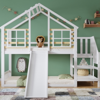 Merax Etagenbett, 90x200 cm Holzbett Kinderbett mit Treppe und Gitter, mit Rutsche und Fenster, mit Absturzsicherung, Bettrahmen aus Massivholz, Weiß