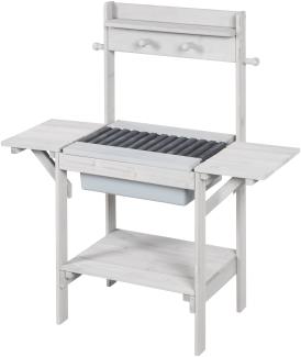 roba 'Outdoor +' Matschküche mit abnehmbarem BBQ-Rost, 4 Ablagen, 4 Haken und Spielwanne, wetterfest, Massivholz grau, 83 x 88,5 x 35 cm