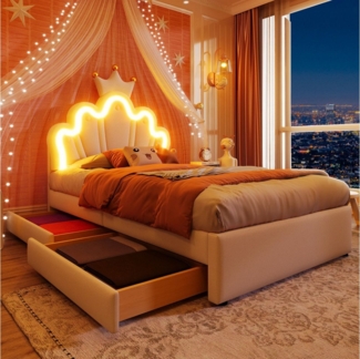 TavilaEcon Kinderbett Polsterbett Prinzessinnenbett mit Kronenform, Weiß/Rosa (Ohne Matratze), mit 2 Schubladen, 140 x 200 cm