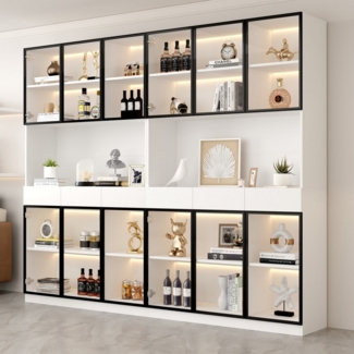 Merax Standvitrine Matt Glasvitrine mit LED-Beleuchtung und Stauraum (30 x 120 x 200 cm, 2-St, Standregal Schrank Vitrine) Vitrine mit 6 Türen, 3 Schubladen, schwarzem Rahmen und Glas-Fronten