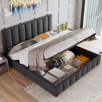 Ulife Boxspringbett graues und hydraulisches Doppelbett mit großem Stauraum, 140x200cm (1-St, Bett), verstellbares Kopfteil, Lattenrost aus Metallrahmen, Leinenmaterial