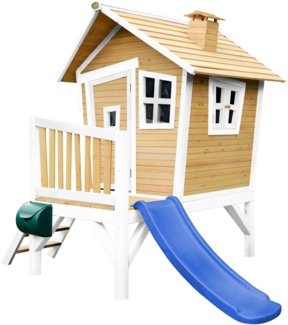 AXI Spielhaus Robin mit blauer Rutsche Stelzenhaus in Braun & Weiß aus FSC Holz für Kinder | Braun, weiß, blau | Holz | 177 cm