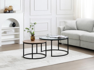 Vente-unique - Couchtisch 2er-Set - MDF, Sicherheitsglas & schwarzes Metall - Transparent & Holzfarben - REMINA von Pascal MORABITO