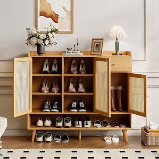 Merax Schuhschrank aus natürlichem Rattan, Schuhkommode Schuhregal mit 3 Türen und1 Schubladen und 5 Regalböden, Natural
