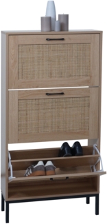 Schuhschrank HWC-N92, Schuhkipper Schuhregal, 3 Fächer Rattanfront Melamin, 126 x 63 x 24 cm ~ Eiche-Optik