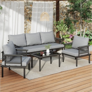 HAUSS SPOLE Gartenlounge-Set Garten Loungesessel Set mit 3er Sofa, 2 Sessel und Couchtisch Grau, (Garten-Lounge-Set, Gartenmöbel-Set, Outdoor-Sofa-Set, 4-tlg, 3er Sofa, 2 Sessel und Couchtisch), Glastischplatte, geflochtene Seilarmlehnen, verzinkter Stahl