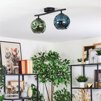 hofstein Deckenleuchte Deckenlampe aus Metall/Glas in Schwarz/Blau/Grün, ohne Leuchtmittel, Deckenleuchte im Retro/Vintage-Design (Schirme Ø 15 cm), 2 x E14