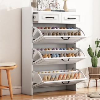 BBWL Schuhschrank Schuhkommode B80×T23,5×H131 cm mit drehbarem Schuhregal (3 Klappen & 2 Schubladen, weiß, mit Metallgriffen & Kippsicherung – platzsparender Schuhschrank für Flur & Wohnzimmer)