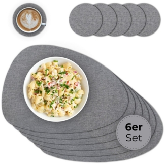 matches21 HOME & HOBBY Platzset Ovales Tischset mit Glasuntersetzer, 6er Set, in Grau meliert, (6-St), Hitzebeständige abwaschbare PVC Platzsets