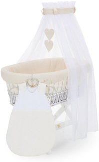 FabiMax Stubenwagen Weiß lackiert, 2 in 1 Musselin / Waffelpiqué Komplettset Creme mit Schlafsack