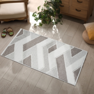 Teppich Läufer - 80x300cm - Beige Braun - Boho-Style mit Fransen - Geometrische Muster - Flachflor Wohnteppich Schlafzimmer Deko