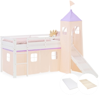 Hochbett Kinder 90x200 cm mit Matratze Rutsche Kinderbett Kinderhochbett Stockbett Vorhang Turm Lila Peach