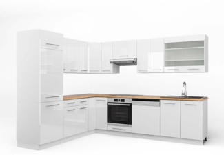 Eckküche Fame-Line Weiß Hochglanz/Weiß 287 x 60 cm , AP Eiche Vicco
