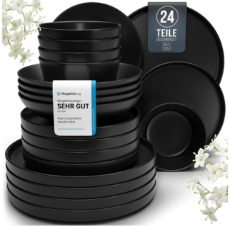 PURE LIVING INTERIOR DESIGN Geschirr-Set 6 Pers. - Hochwertiges Steingut Geschirrset - Geschirr Set (24-tlg), 6 Personen, Steingut, Schüssel- und Teller Set in Matt Schwarz