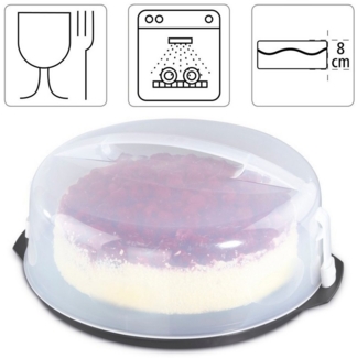 Xavax Kuchen-Transportbox rund mit Deckel Kuchenbehälter 31,5 cm Durchmesser, Innenhöhe 8 cm,Kuchenbox mit Stückeinteilungshilfe,Tortenplatte anthrazit, Transparent