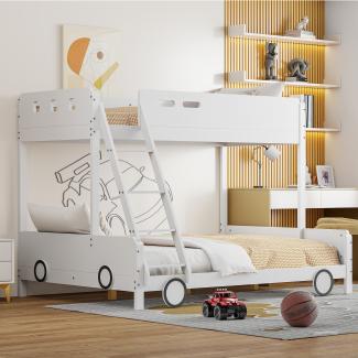 Merax Etagen-Kinderbett aus Holz, oberes Bett 90*200cm, unteres Bett 140*200cm, Kinder-Familienbett, Etagenbett, Massivholzrahmen, Autoform, Weiß