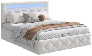 FUROKOY Stauraumbett Polsterbett Doppelbett mit LED Beleuchtung Kopfteil (Bettgestell mit Metallrahmen und Lattenrost), Hydraulisches Bett Jugendbett, ohne Matratze, Samt, Beige, 140x200 cm