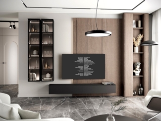 MOEBLINE Wohnwand Medienwand Anbauwand FIVO 3 Schwarz 3-St TV-Lowboard Hängevitrinen