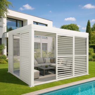 Alu Pergola HWC-L46, Pavillon Terrassenüberdachung, 6x Lamellenpaneel 6x Schiebetüren, 11cm-Gestell, 3x3 m ~ weiß