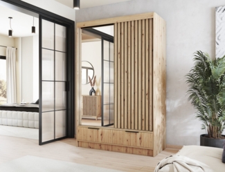 MOEBLO Schiebetürenschrank Yoga (Moderner Schrank mit Spiegel, Lamellen-Design und praktischen Schubladen – Stauraum & Eleganz in Artisan Eiche, Schwebetürenschrank 2-türig Schrank Garderobe Schiebtüren Schlafzimmer) (BxHxT): 120/180x204x60 cm