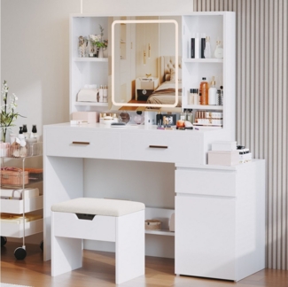 HOMALL Schminktisch Mit Spiegel und dreifarbigem LED-Licht 3 Schubladen 8 Ablagefächer (L*B*H) 117.5*40*140.5cm Moderner, minimalistischer Stil Reichlich Stauraum Stabile und langlebige Konstruktion)