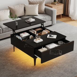 Couchtisch mit LED Beleuchtung, höhenverstellbarer Tischplatte 48,5 cm, Beistelltisch Schwarz 70×70×35 cm