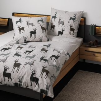 Janine Feinbiber Bettwäsche Davos 65180-06 Hirsche Grau Grün 135x200