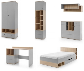 Deine Möbel 24 Jugendzimmer-Set OLAF A Kinderzimmer-Set Kindermöbel für Kinder, (Set 1+3+5+7+6+4, 6-tlg, Kleiderschrank Regal Schreibtisch Hängeregal Bett Kommode), OLAF Kollektion Kinderzimmer Jugendzimmer Grau Eiche