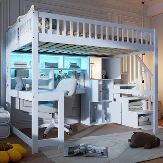 Hochbett mit Schreibtisch, Regal, Schrank, Rausfallschutz und Treppe, 140x200 cm, Kinderbett, Jugendbett, Kiefer