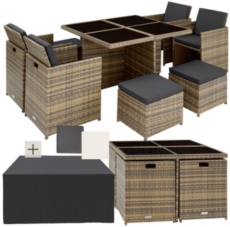 tectake Sitzgruppe Rattan Sitzgruppe, (Set, 9-tlg), 2 Bezugssets, Sitzpolster ca. 5 cm dick, abnehmbar