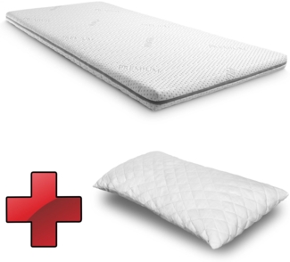 Kaltschaumtopper Supportho Premium Topper 80 x 200 cm H3, Höhe 9 cm, Härtegrad H3 mit antibakteriellem Bezug + CloudComfort Basic Gel-Flocken Kopfkissen 40 x 80 cm